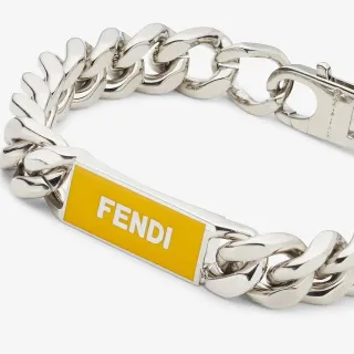 Fendi Silver Yellow Chunky Curb-Link Chain Enamel ID Plaque Bracelet