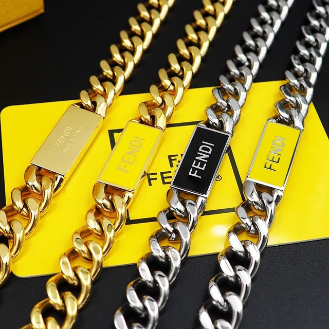 Fendi Prata Amarelo Corrente Chunky Curb-Link Esmaltada Placa ID Pulseira 2