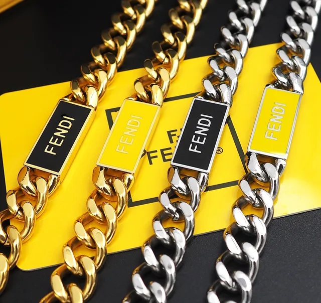 Fendi Prata Amarelo Corrente Chunky Curb-Link Esmaltada Placa ID Pulseira 4