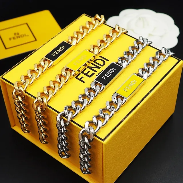 Fendi Prata Amarelo Corrente Chunky Curb-Link Esmaltada Placa ID Pulseira 6