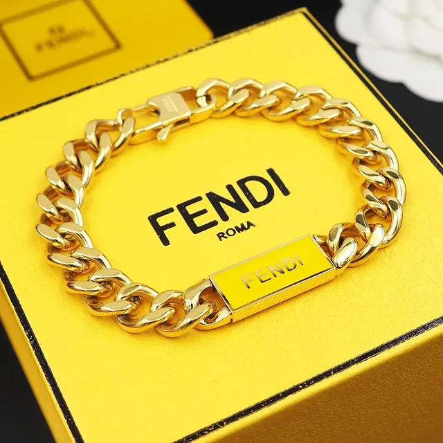 Fendi Prata Amarelo Corrente Chunky Curb-Link Esmaltada Placa ID Pulseira 7