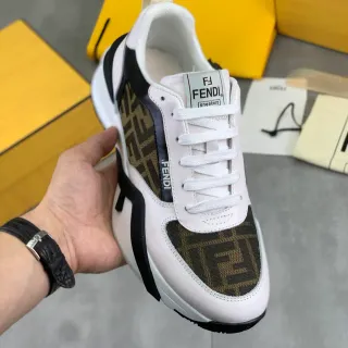 Fendi White Brown Sole FF Jacquard Panels Chunky Sneakers