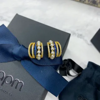 APM Monaco Multi-Row Pearl and Blue Stone Hoop Earrings