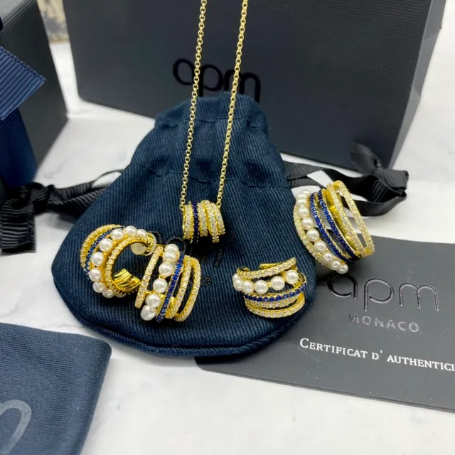 APM Monaco Multi-Row Pearl and Blue Stone Hoop Earrings 4