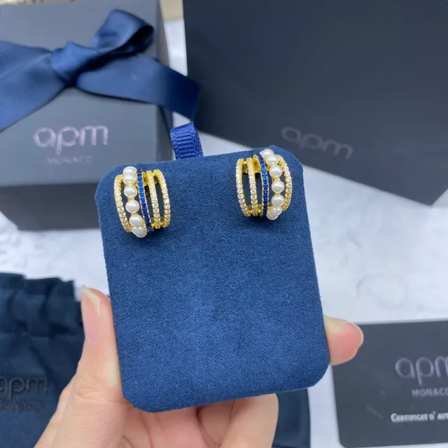 APM Monaco Multi-Row Pearl and Blue Stone Hoop Earrings 5