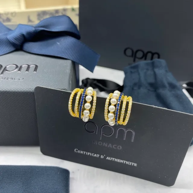 APM Monaco Multi-Row Pearl and Blue Stone Hoop Earrings 6