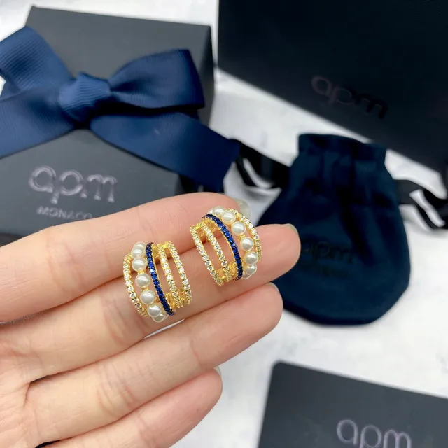 APM Monaco Multi-Row Pearl and Blue Stone Hoop Earrings 7