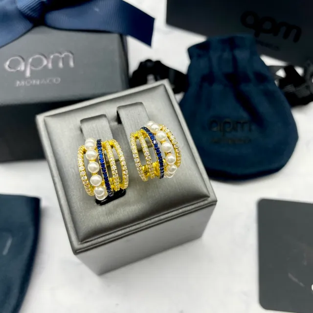 APM Monaco Multi-Row Pearl and Blue Stone Hoop Earrings 8