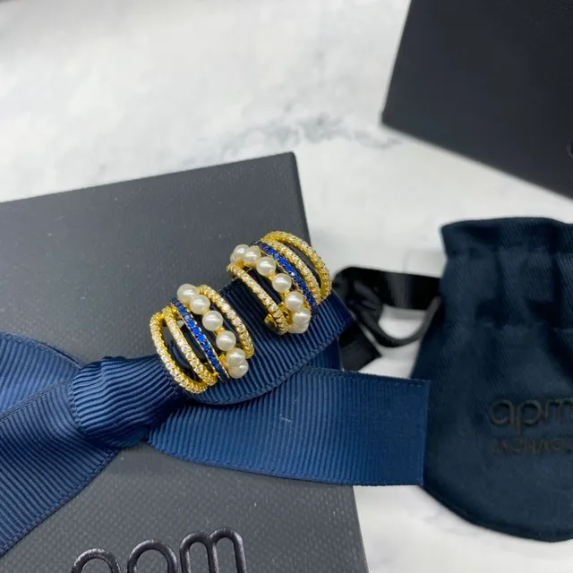 APM Monaco Multi-Row Pearl and Blue Stone Hoop Earrings 9