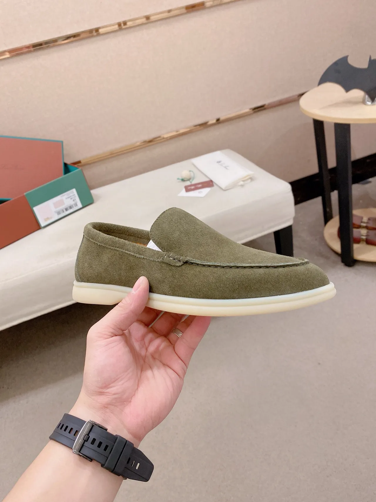 Army Green Beige Suede Upper Moc-Toe Stitching Loafer 4