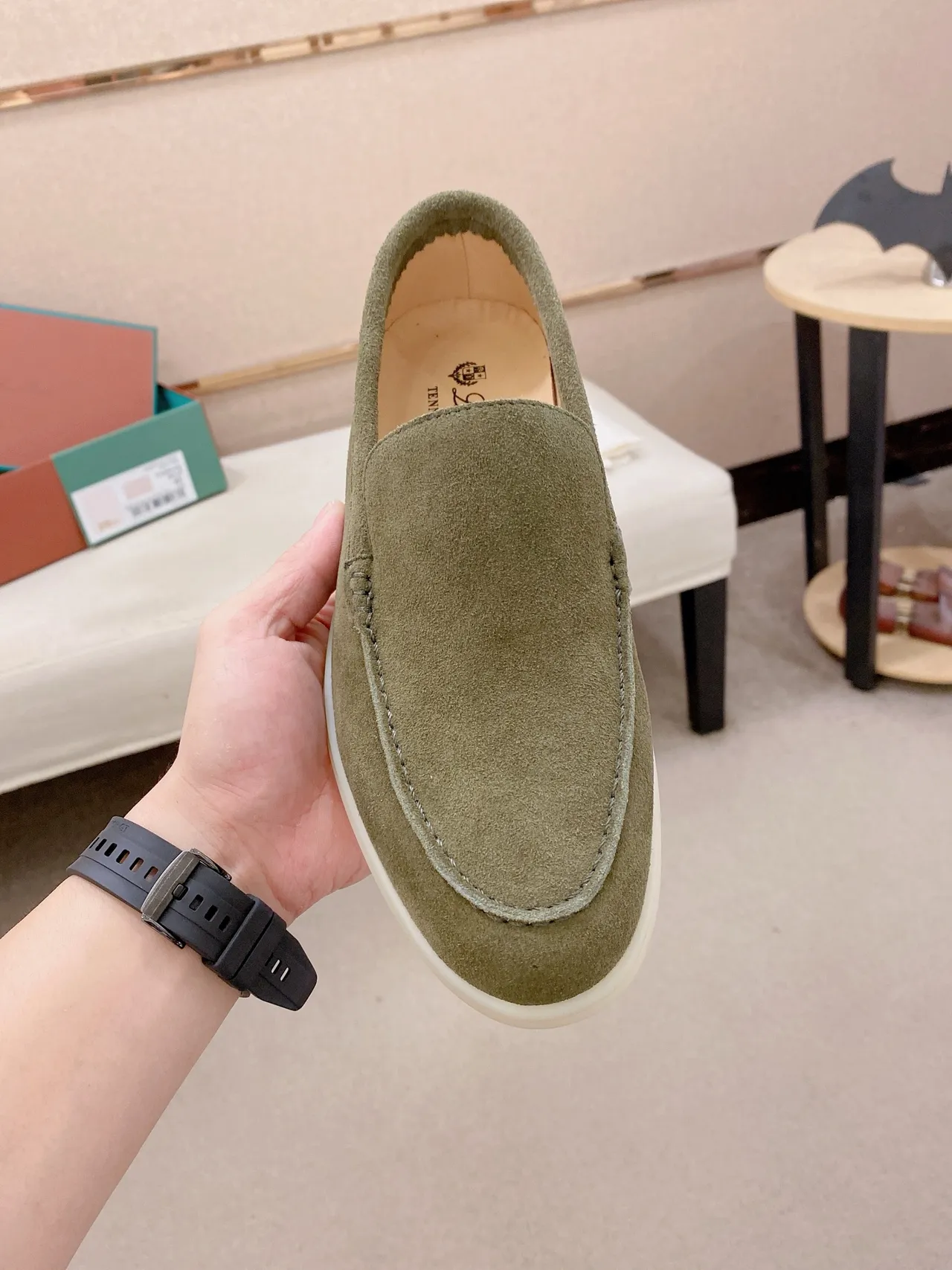 Army Green Beige Suede Upper Moc-Toe Stitching Loafer 5