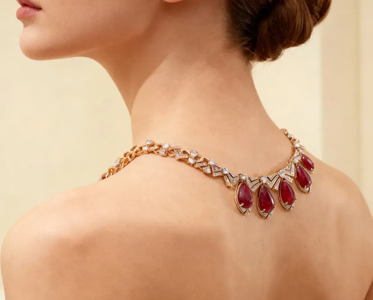Art Deco-Inspired Teardrop Red Gemstone and Diamond Pavé Necklace 2