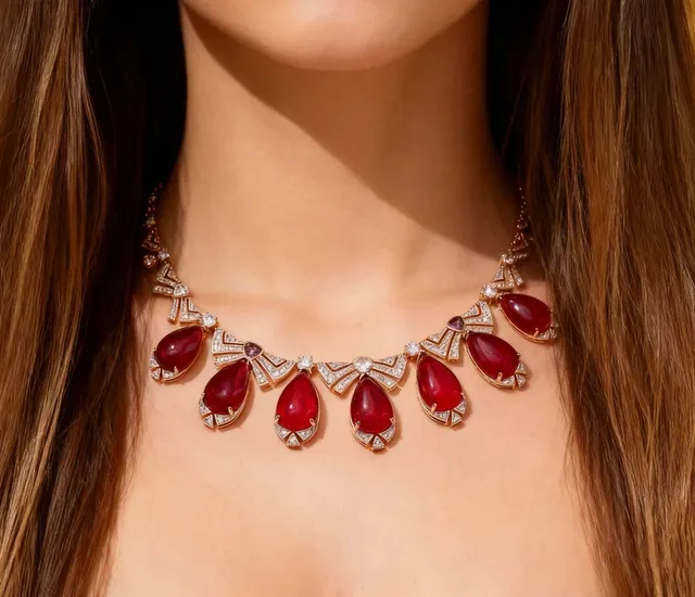 Art Deco-Inspired Teardrop Red Gemstone and Diamond Pavé Necklace 5