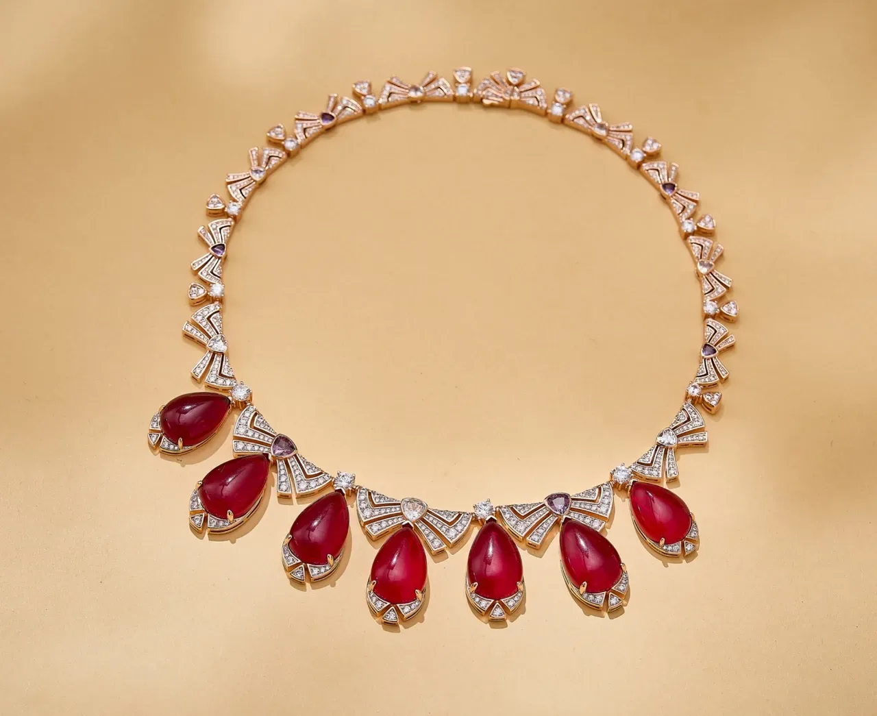 Art Deco-Inspired Teardrop Red Gemstone and Diamond Pavé Necklace 6