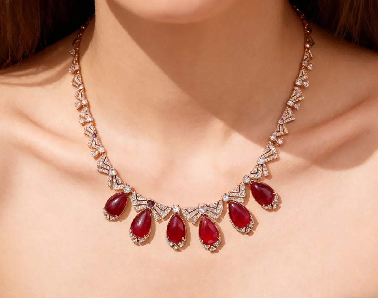 Art Deco-Inspired Teardrop Red Gemstone and Diamond Pavé Necklace 8