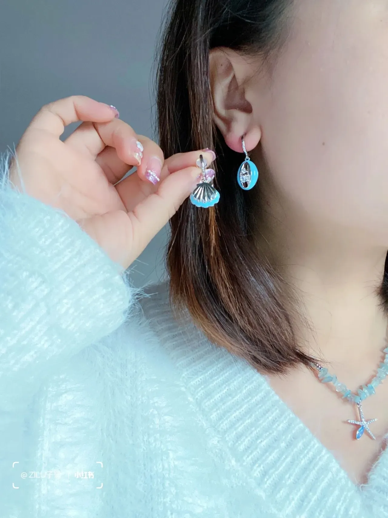 Asymmetrical Light Blue Enamel and Crystal Shell Drop Earrings 2