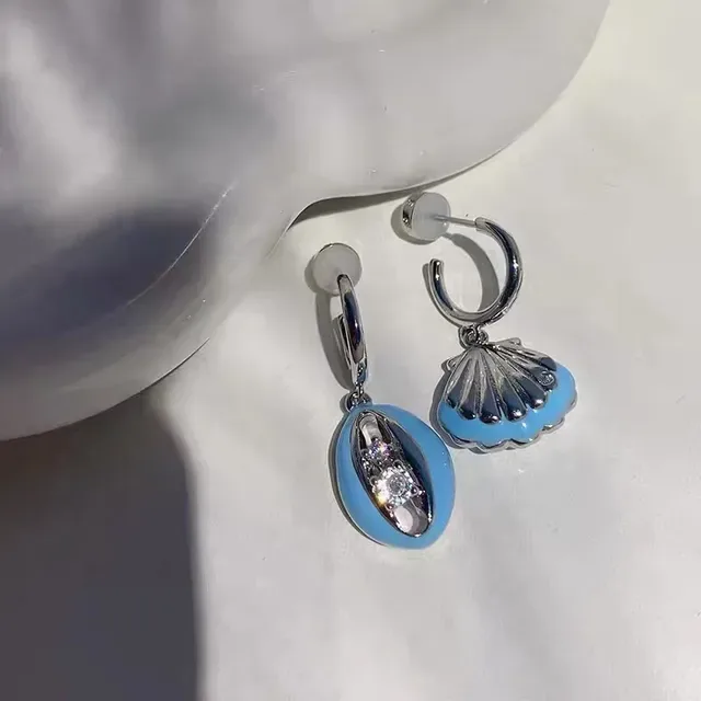 Asymmetrical Light Blue Enamel and Crystal Shell Drop Earrings 4