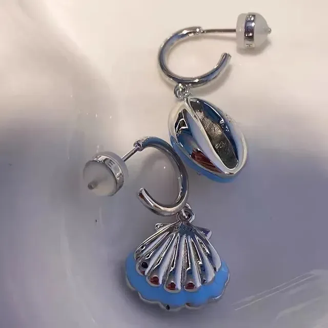 Asymmetrical Light Blue Enamel and Crystal Shell Drop Earrings 5