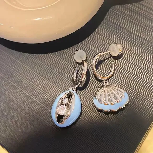 Asymmetrical Light Blue Enamel and Crystal Shell Drop Earrings 6