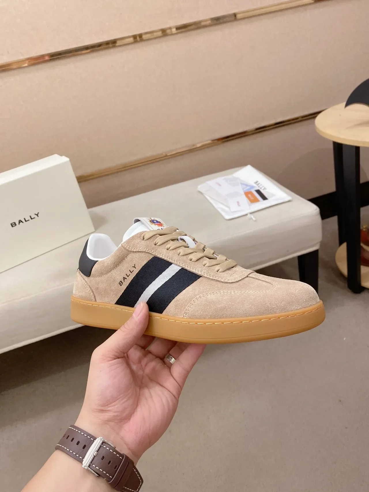Bally Beige Suede Three-Stripe Lifestyle Sneakers 4
