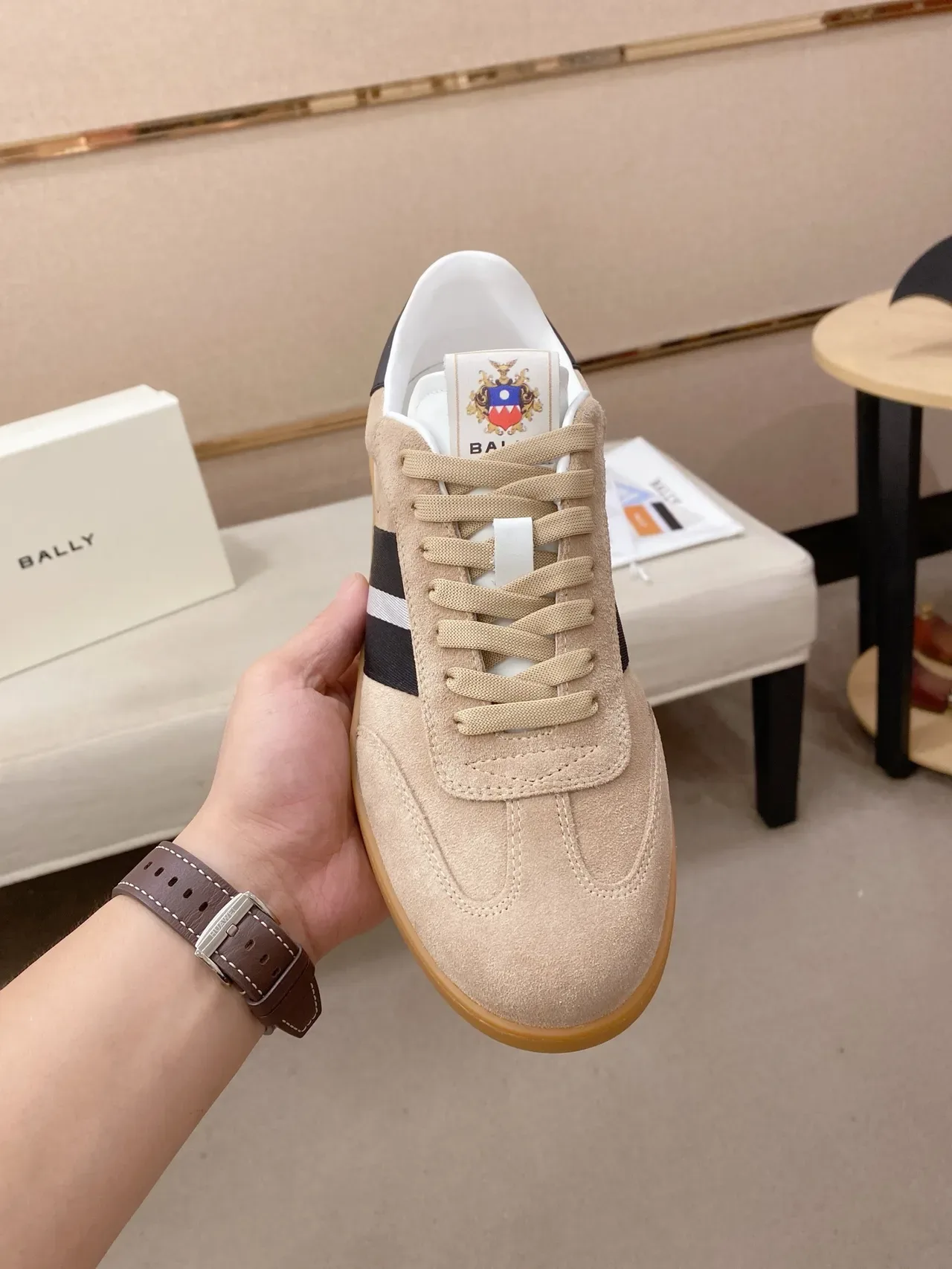 Bally Beige Suede Three-Stripe Lifestyle Sneakers 5
