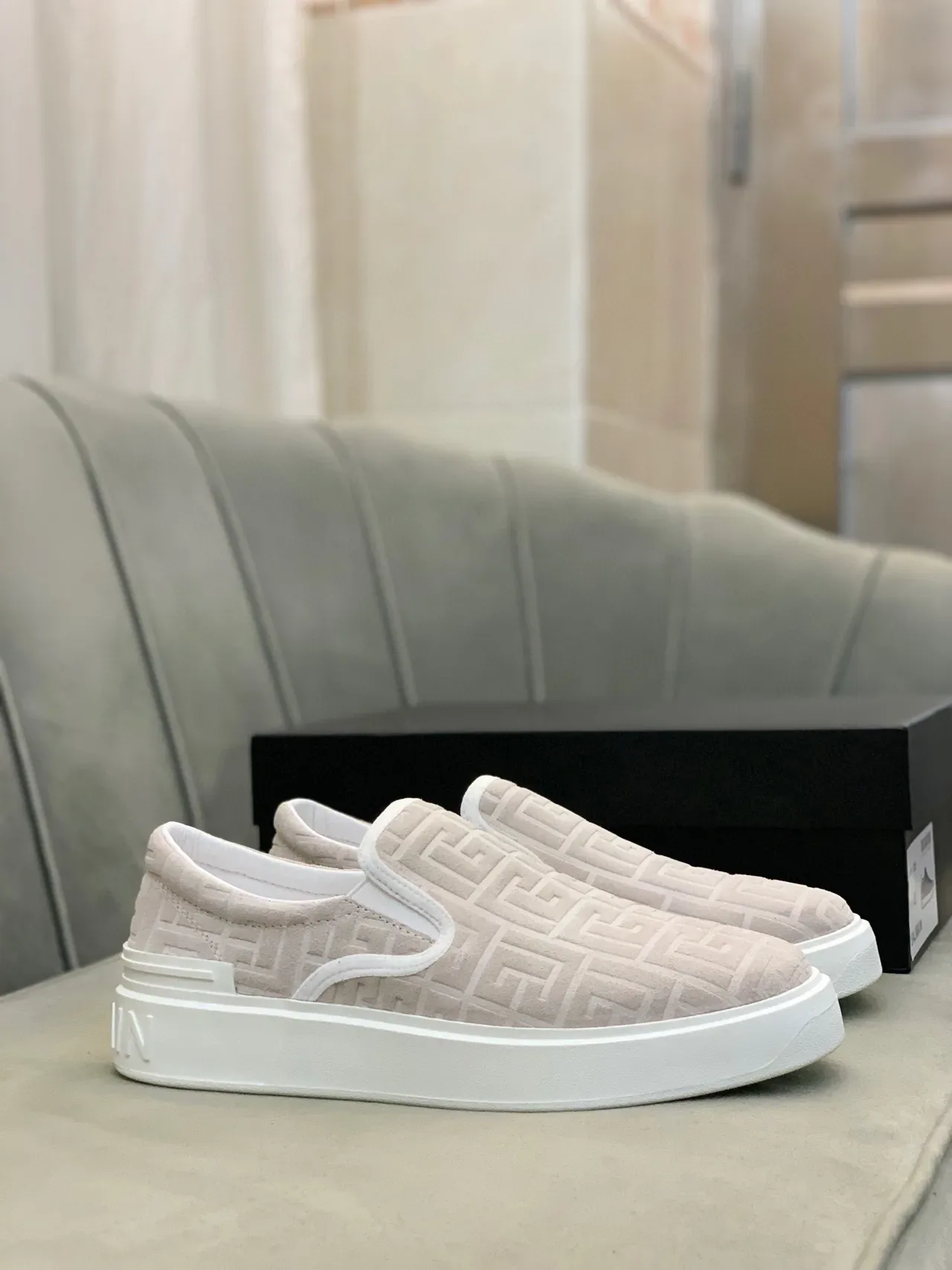 Balm Beige White Slip-On Monogrammed Upper Sneakers 6
