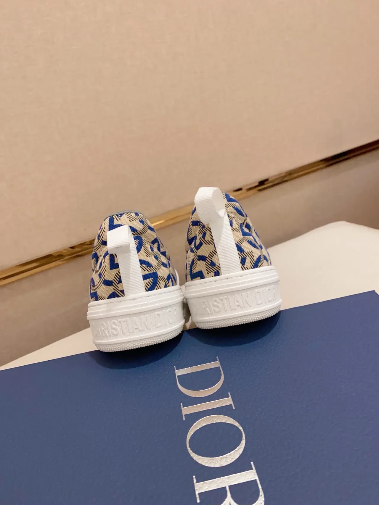 Beige and Blue Geometric Pattern Slip-On Sneaker 3
