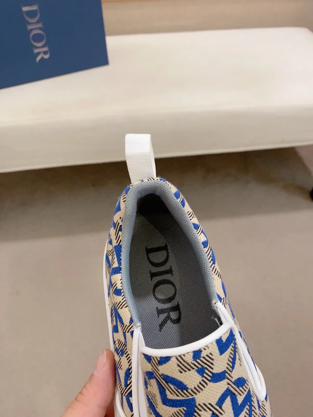 Beige and Blue Geometric Pattern Slip-On Sneaker 4
