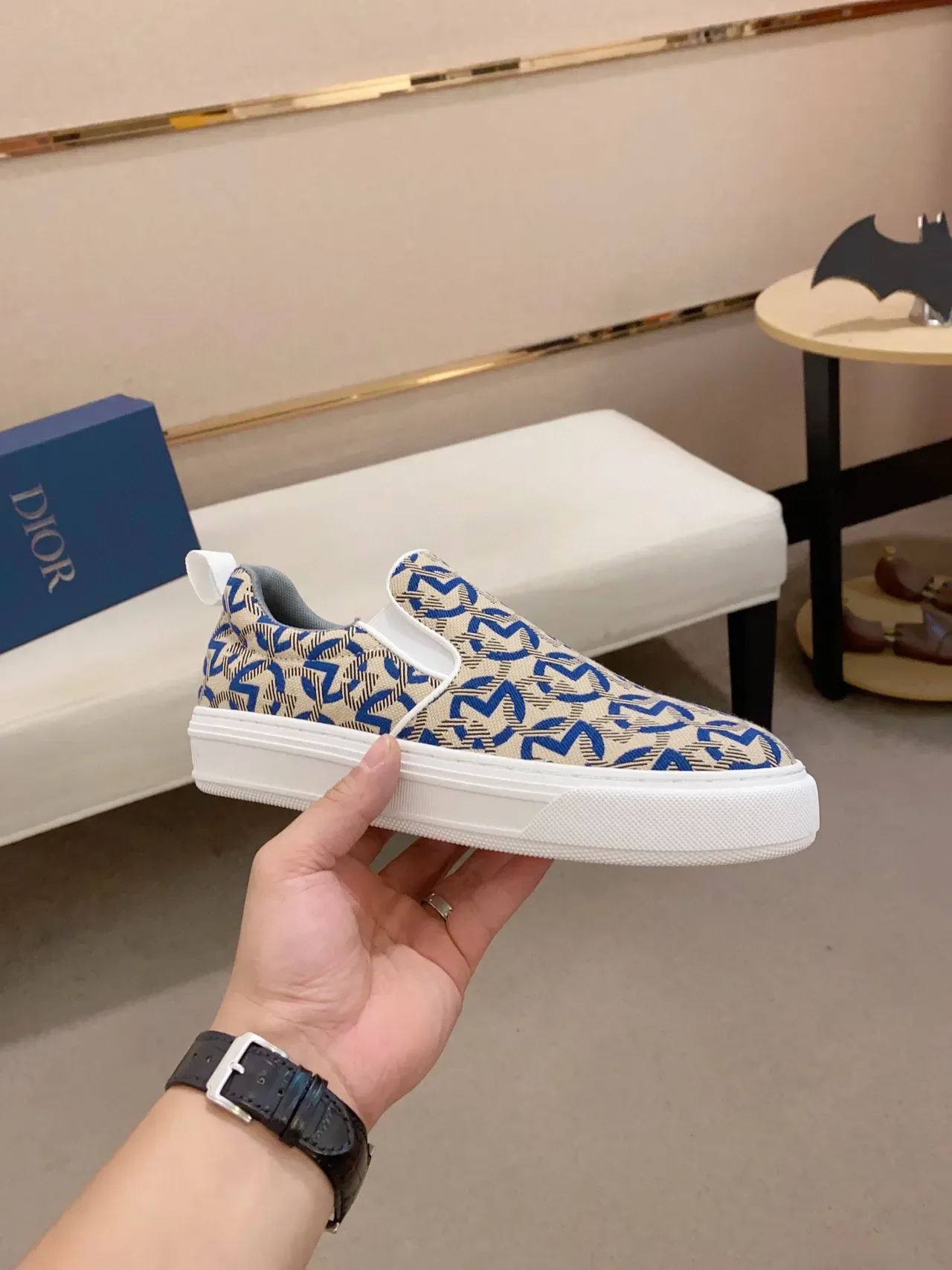 Beige and Blue Geometric Pattern Slip-On Sneaker 5