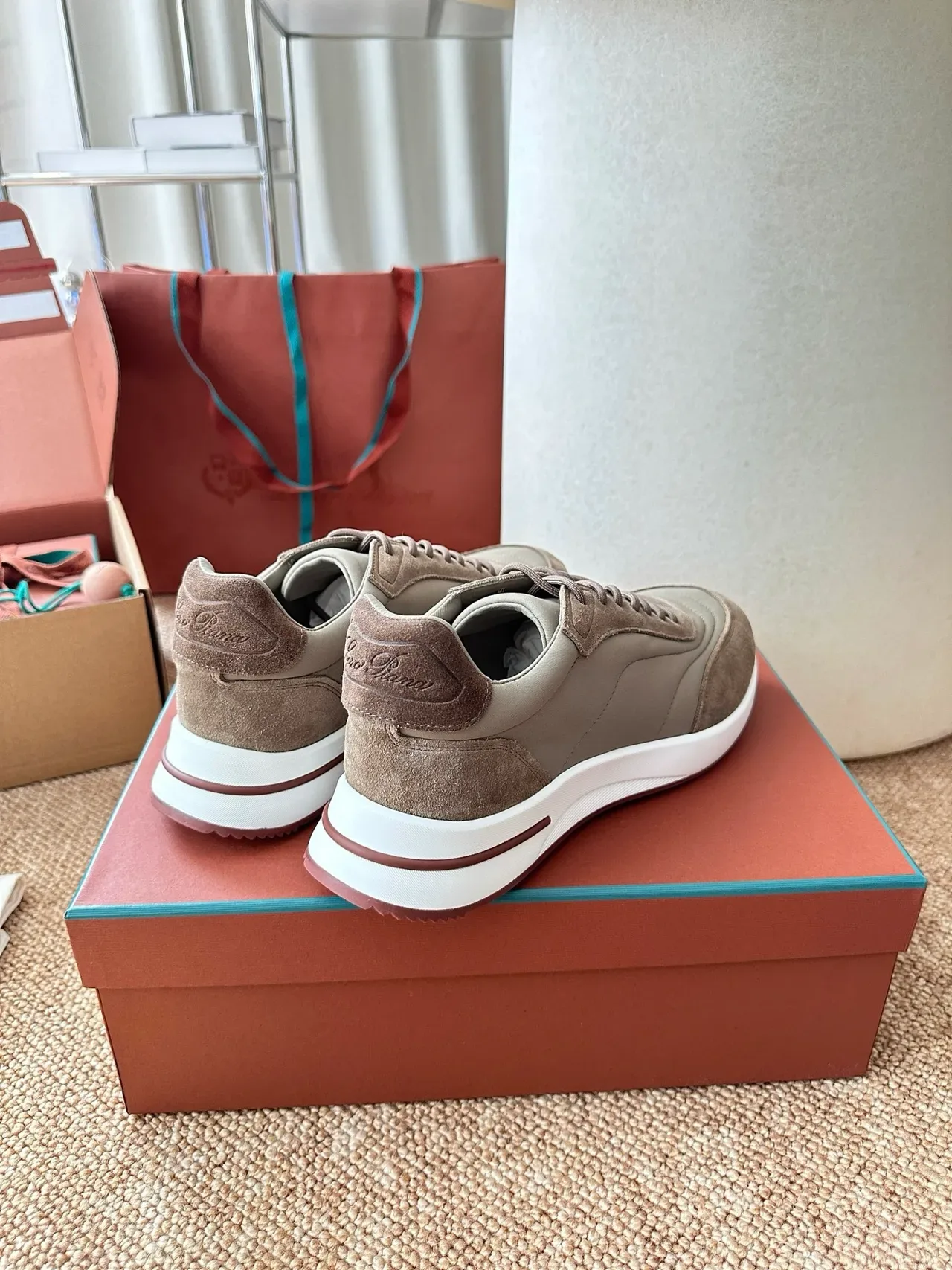 Beige and Gray Layered Suede Leather Lifestyle Sneakers 3