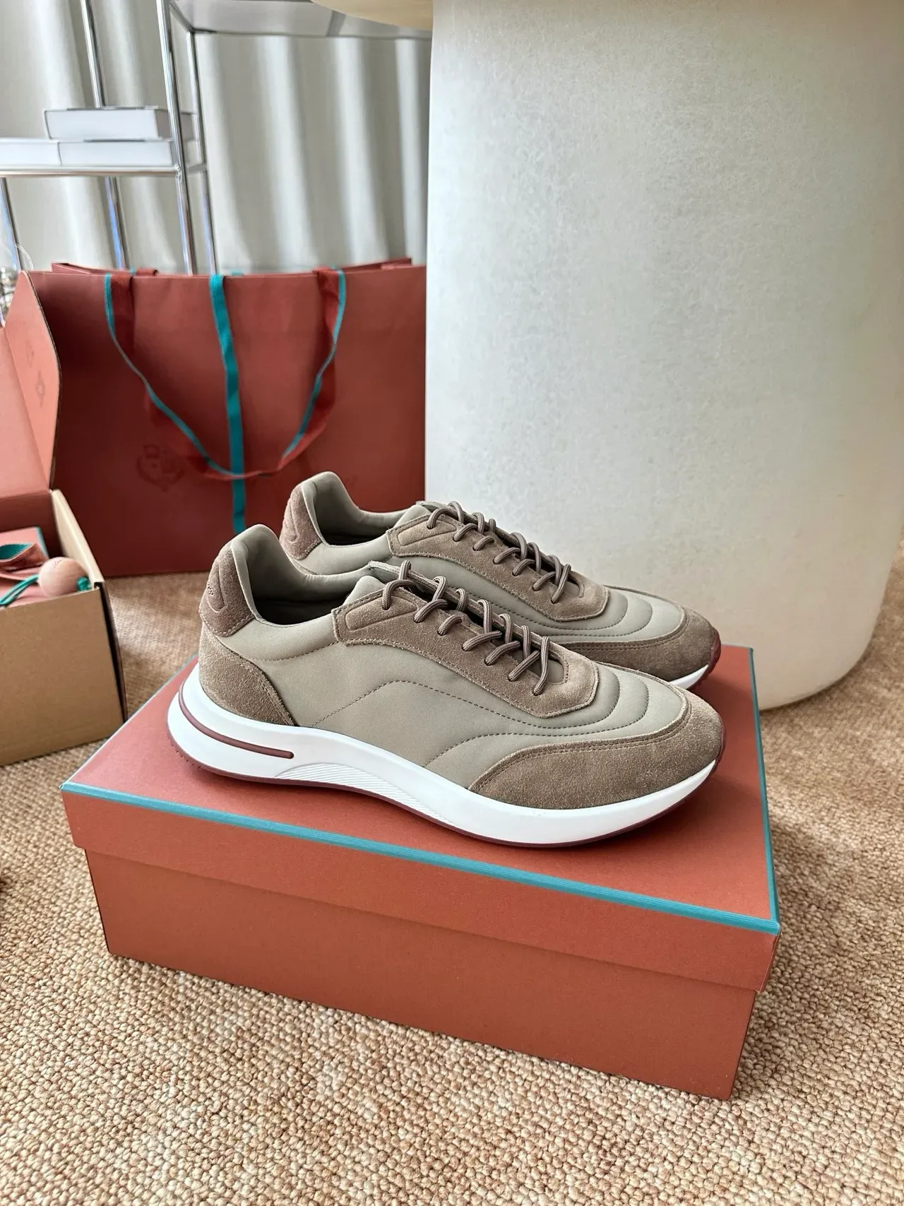 Beige and Gray Layered Suede Leather Lifestyle Sneakers 4