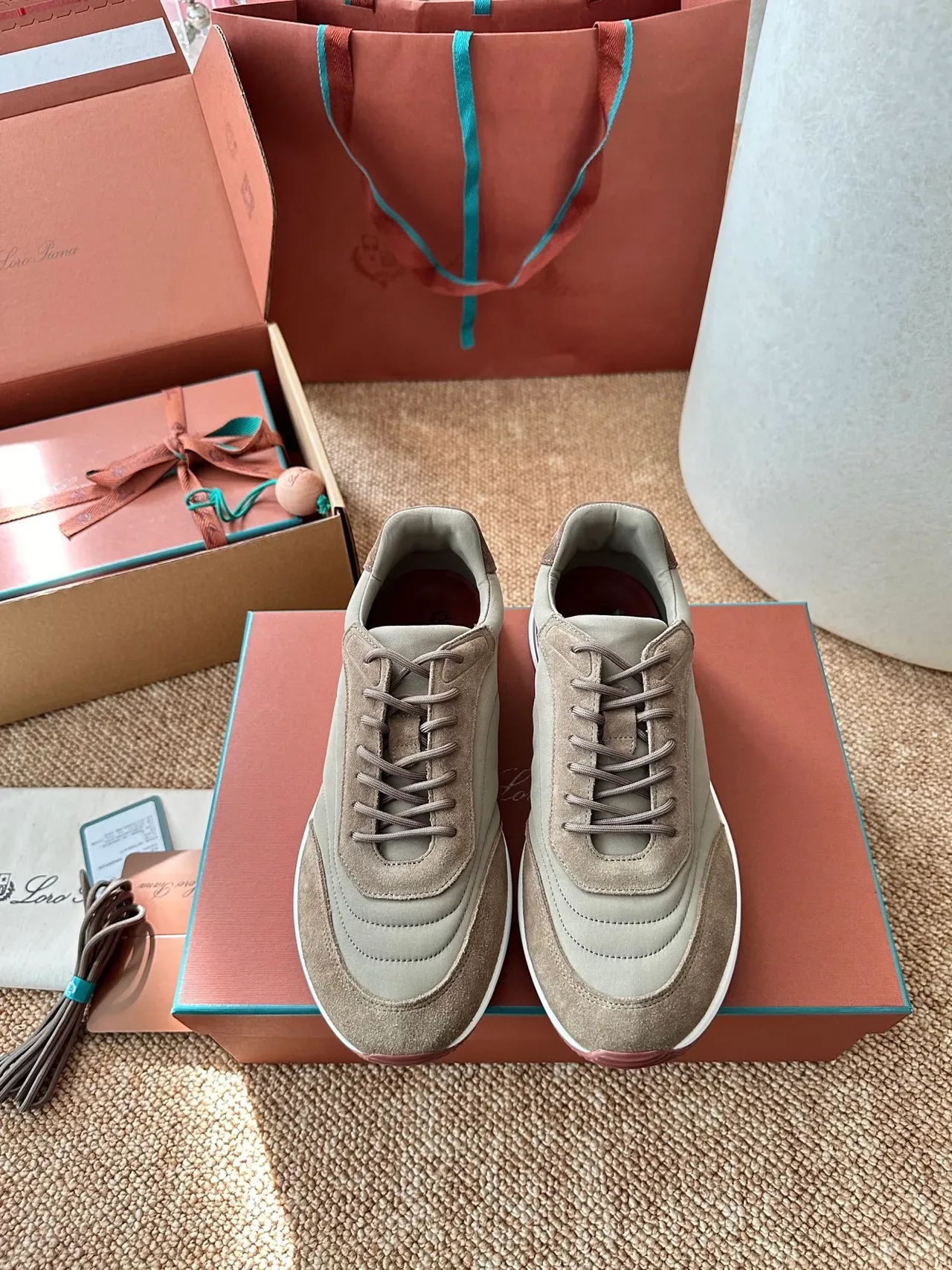 Beige and Gray Layered Suede Leather Lifestyle Sneakers 5