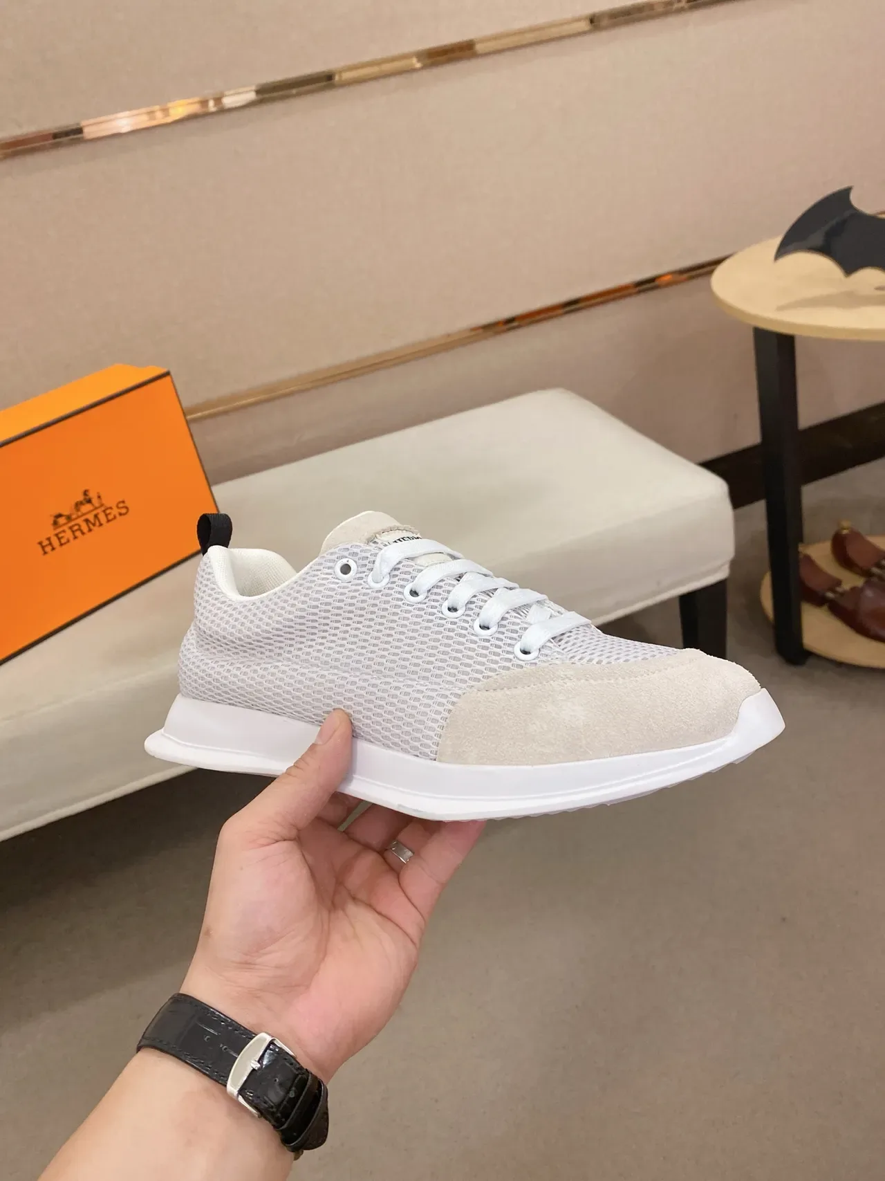 Beige and White Mesh and Suede Low-Top Lace-Up Sneaker 4