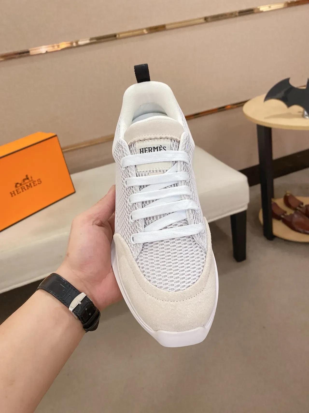 Beige and White Mesh and Suede Low-Top Lace-Up Sneaker 5