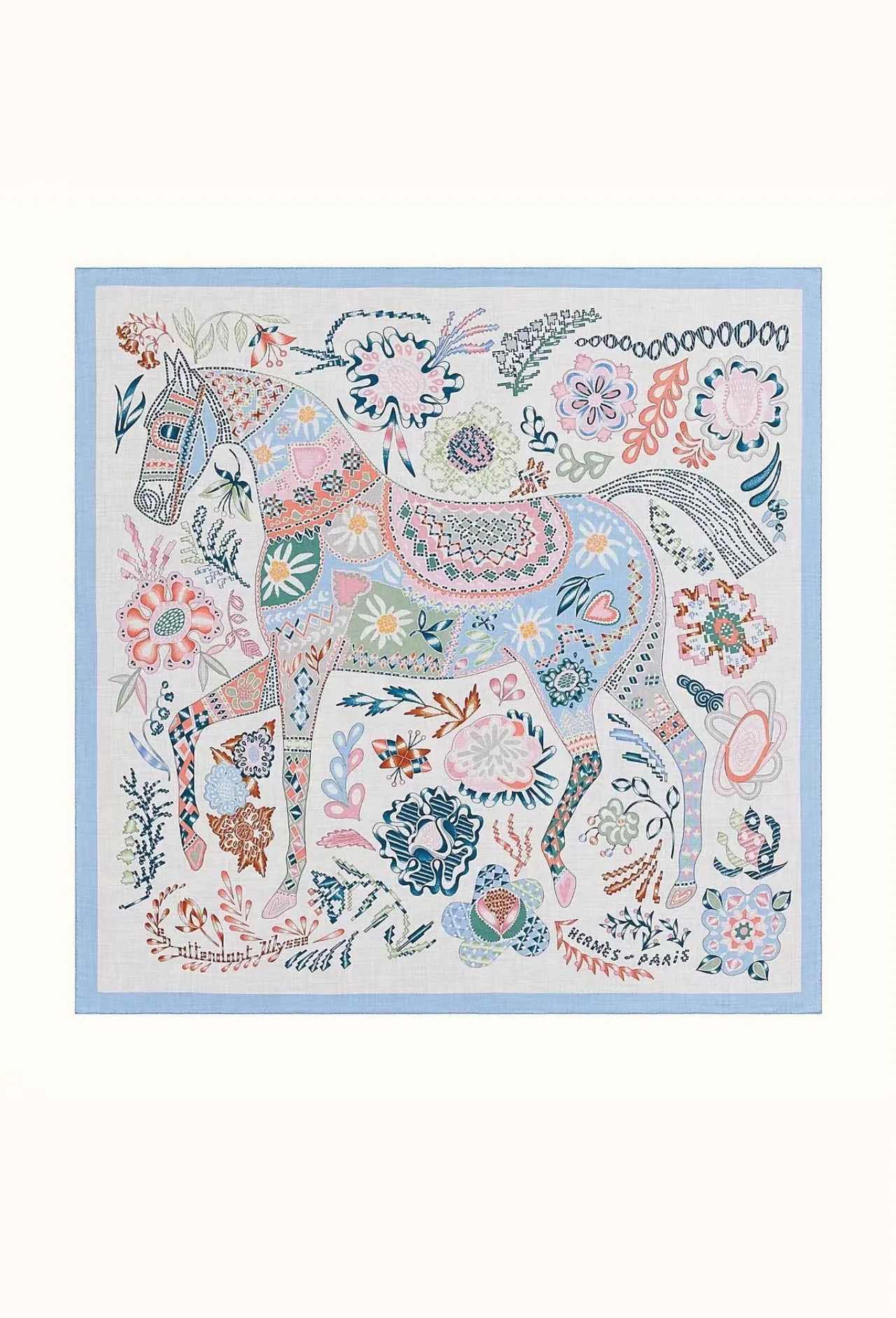 Beige Blue Printed Geometric-Floral Motif Lightweight Drape Silk Scarf 2