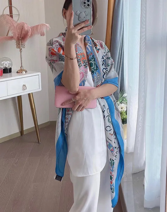Beige Blue Printed Geometric-Floral Motif Lightweight Drape Silk Scarf 3
