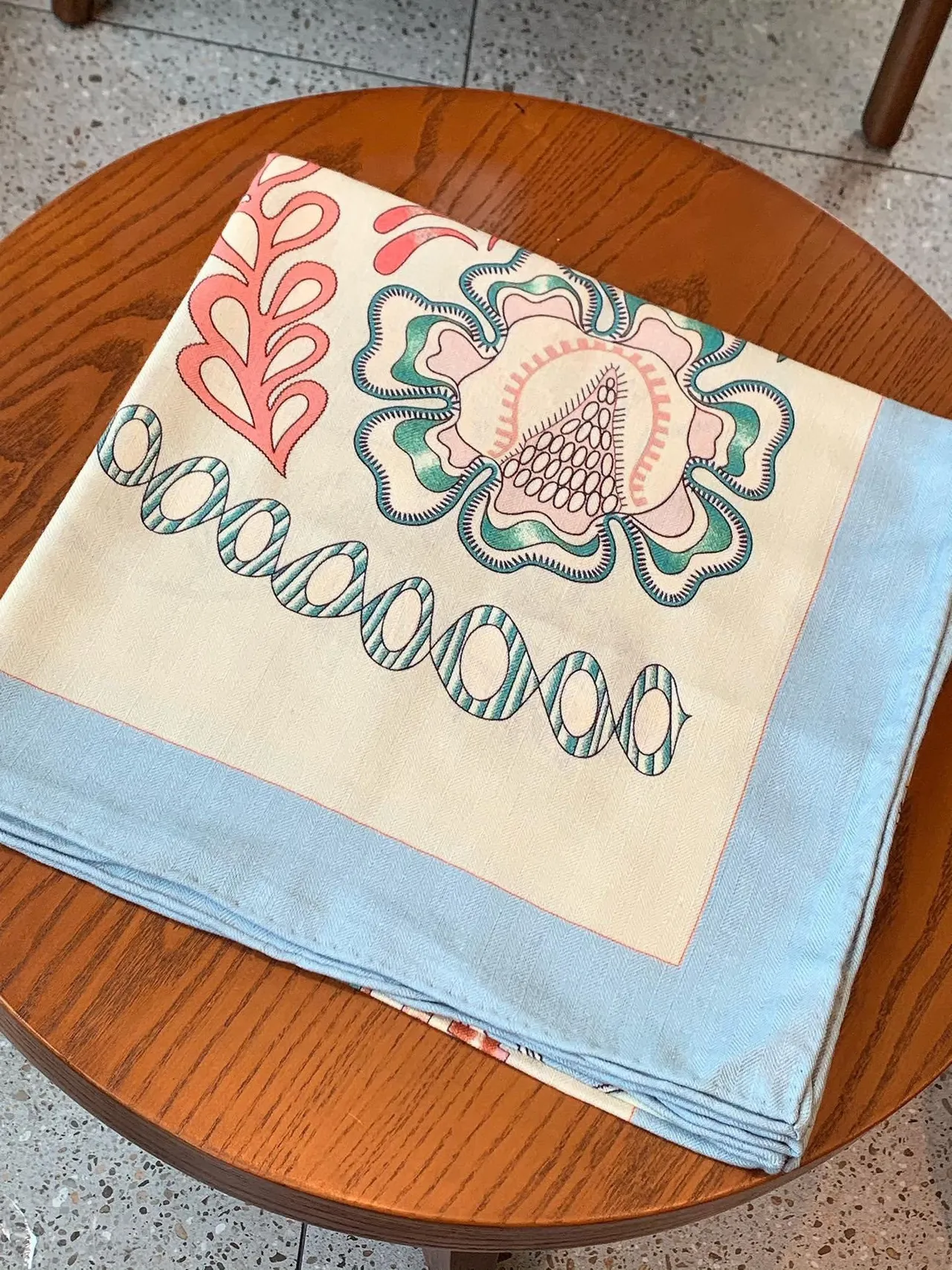 Beige Blue Printed Geometric-Floral Motif Lightweight Drape Silk Scarf 5