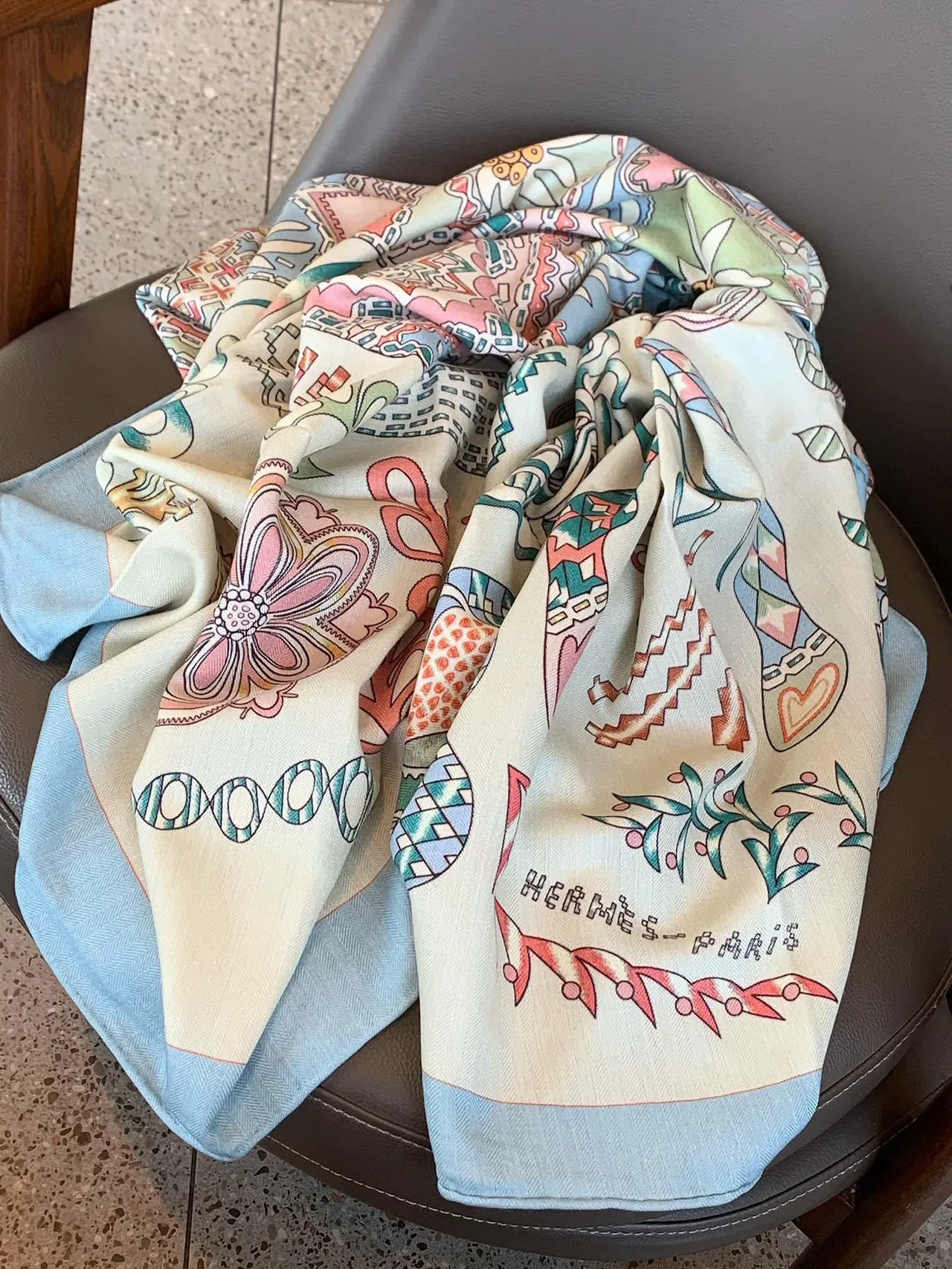 Beige Blue Printed Geometric-Floral Motif Lightweight Drape Silk Scarf 6