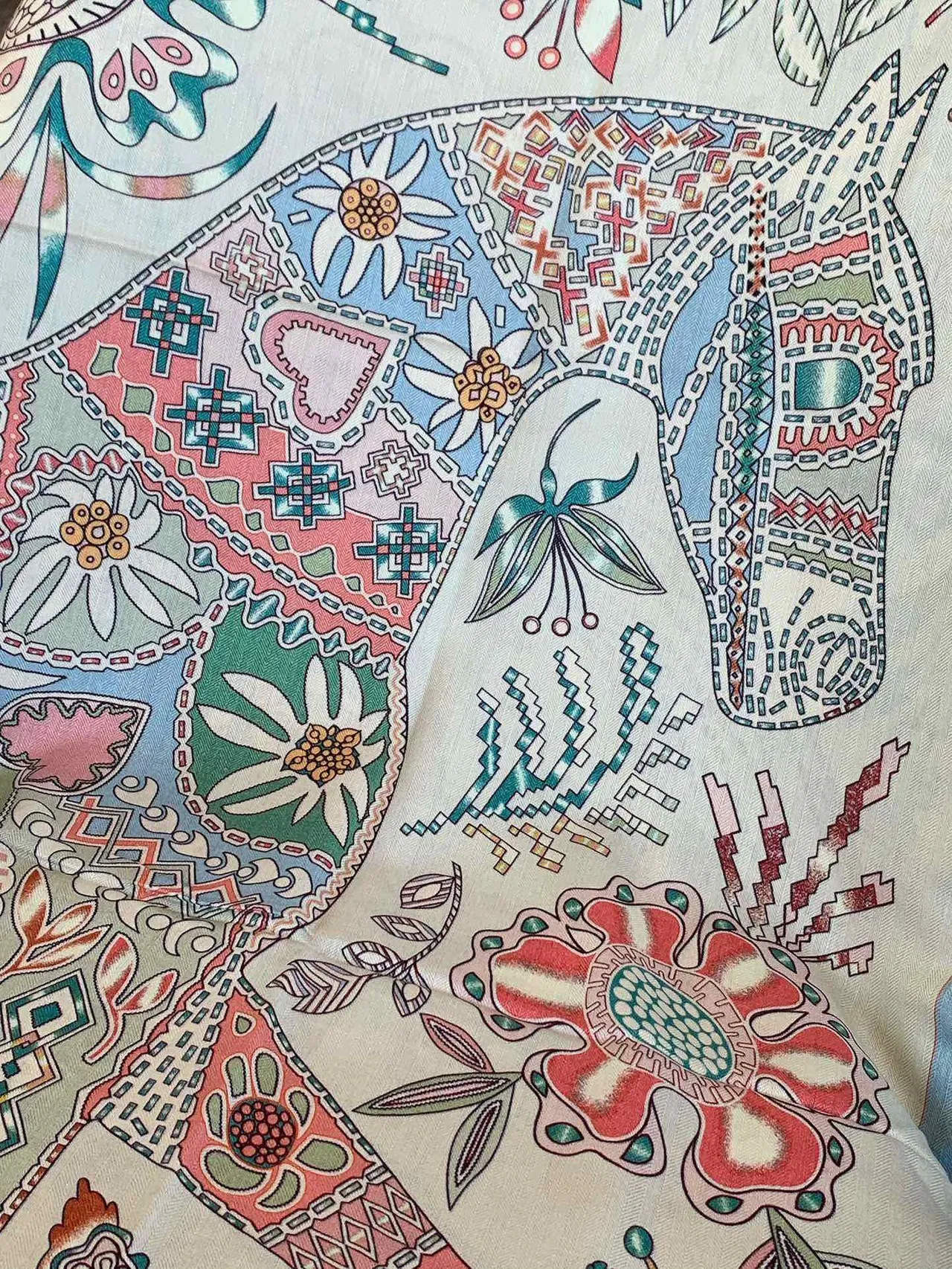 Beige Blue Printed Geometric-Floral Motif Lightweight Drape Silk Scarf 7