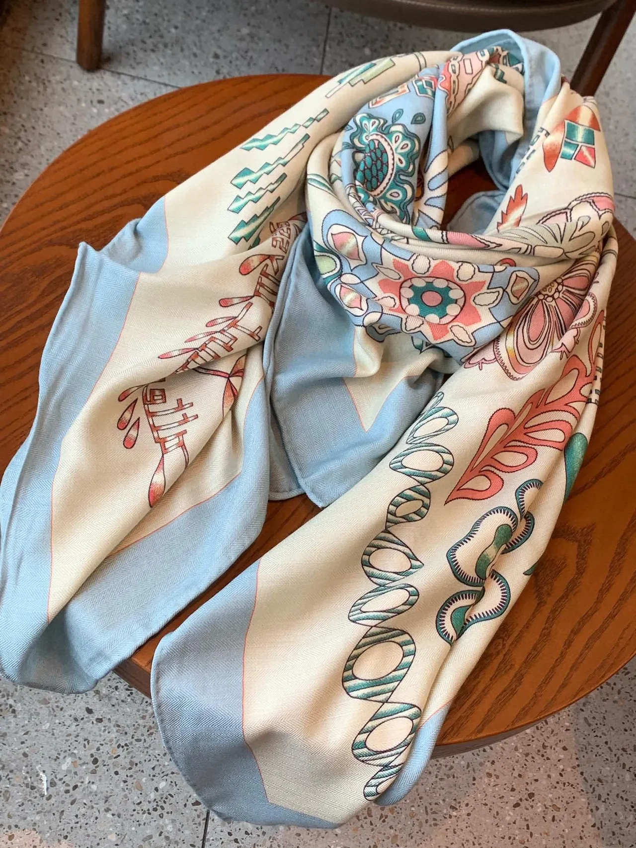 Beige Blue Printed Geometric-Floral Motif Lightweight Drape Silk Scarf 8