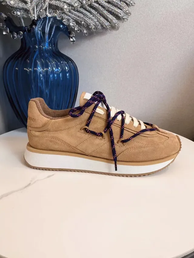 Beige Blue Suede Upper Dual-Tone Laces Sneakers 2