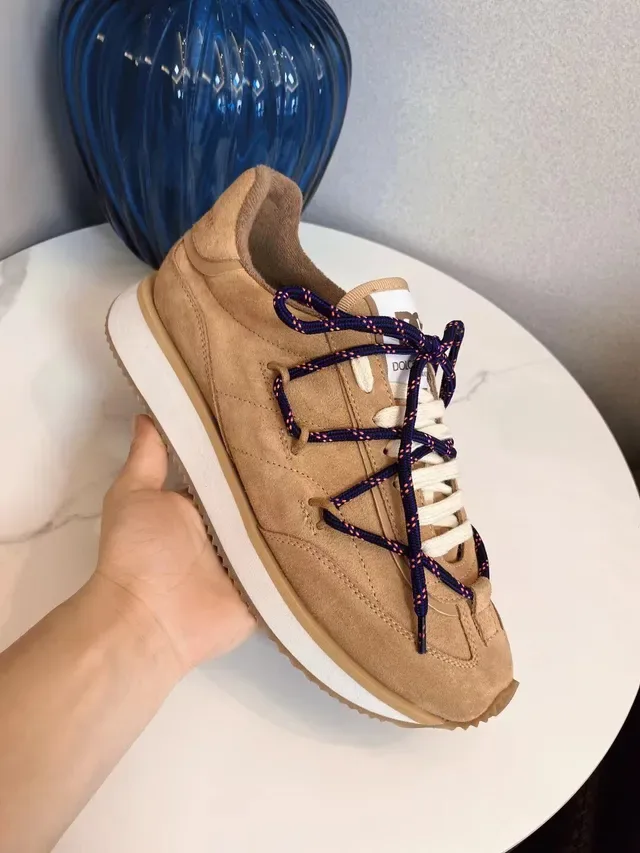 Beige Blue Suede Upper Dual-Tone Laces Sneakers 3