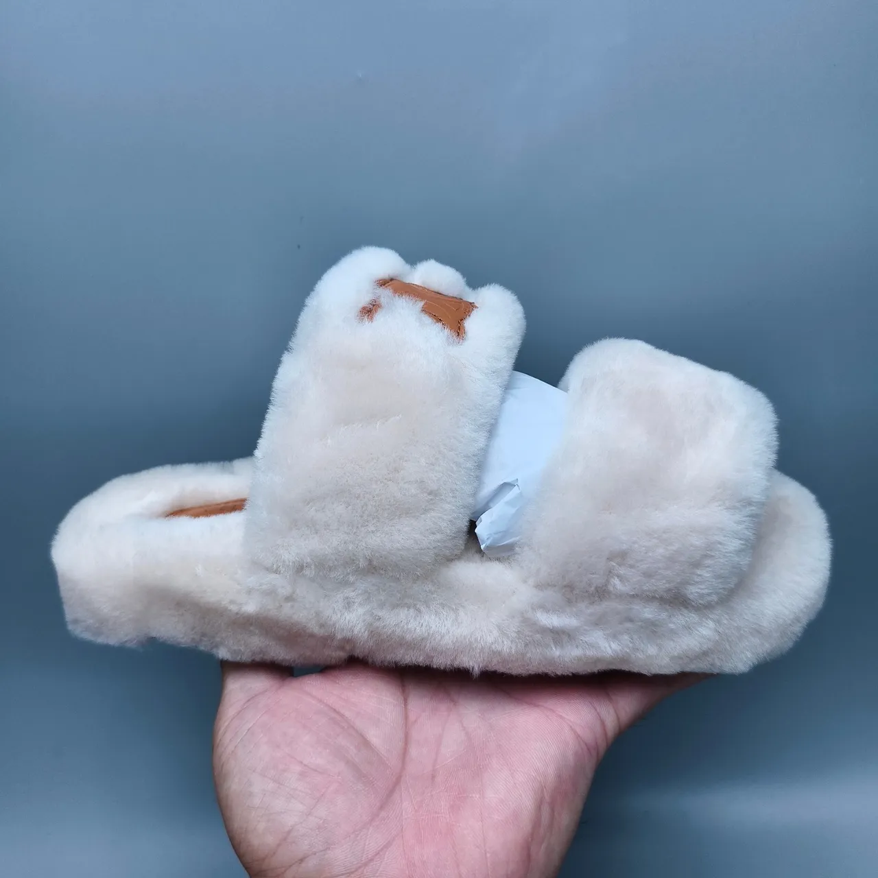 Beige Brown Plush Faux Fur Upper Double-Strap Slide Slippers 2