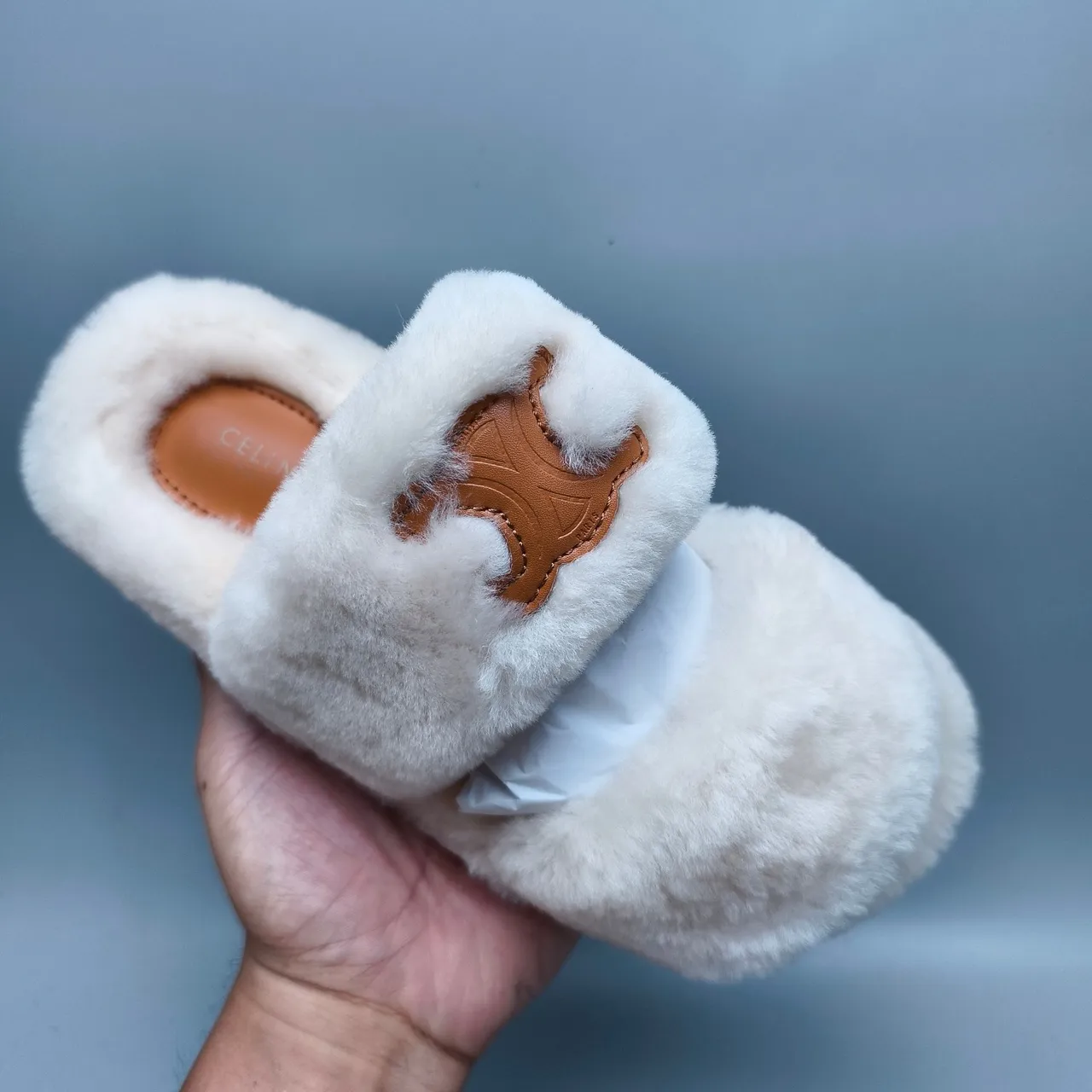 Beige Brown Plush Faux Fur Upper Double-Strap Slide Slippers 3
