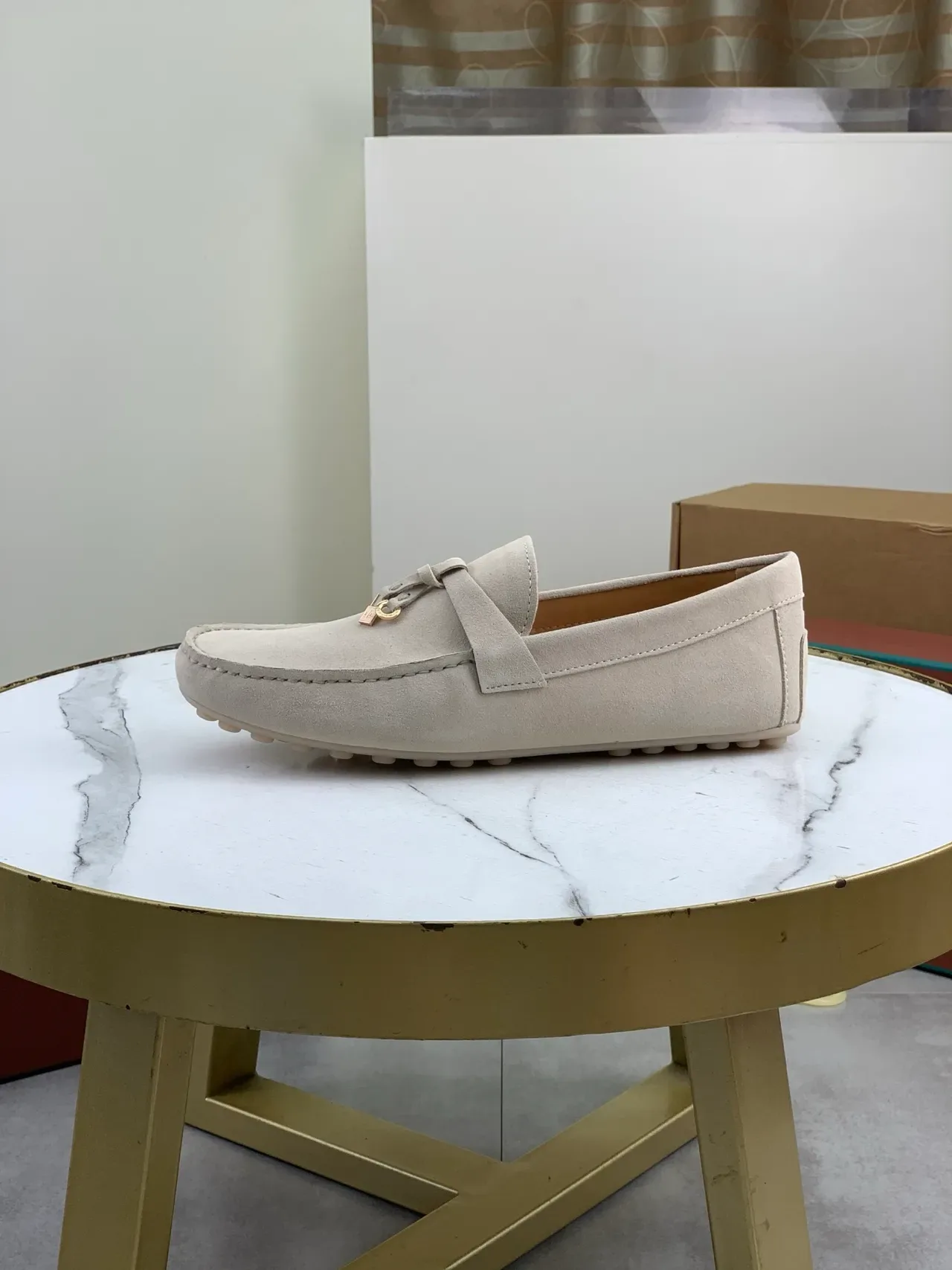Beige Gold Suede Upper Moc-Toe Stitching Loafer 5