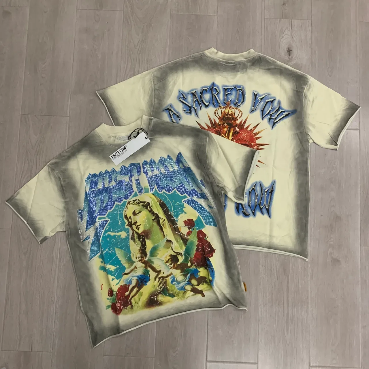 Beige Gray Acid-Wash Tie-Dye Large Religious-Art-Inspired Graphic Top 4