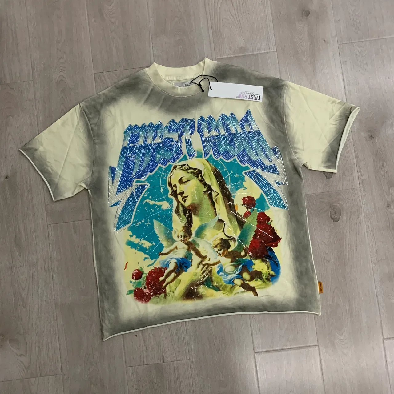 Beige Gray Acid-Wash Tie-Dye Large Religious-Art-Inspired Graphic Top 5