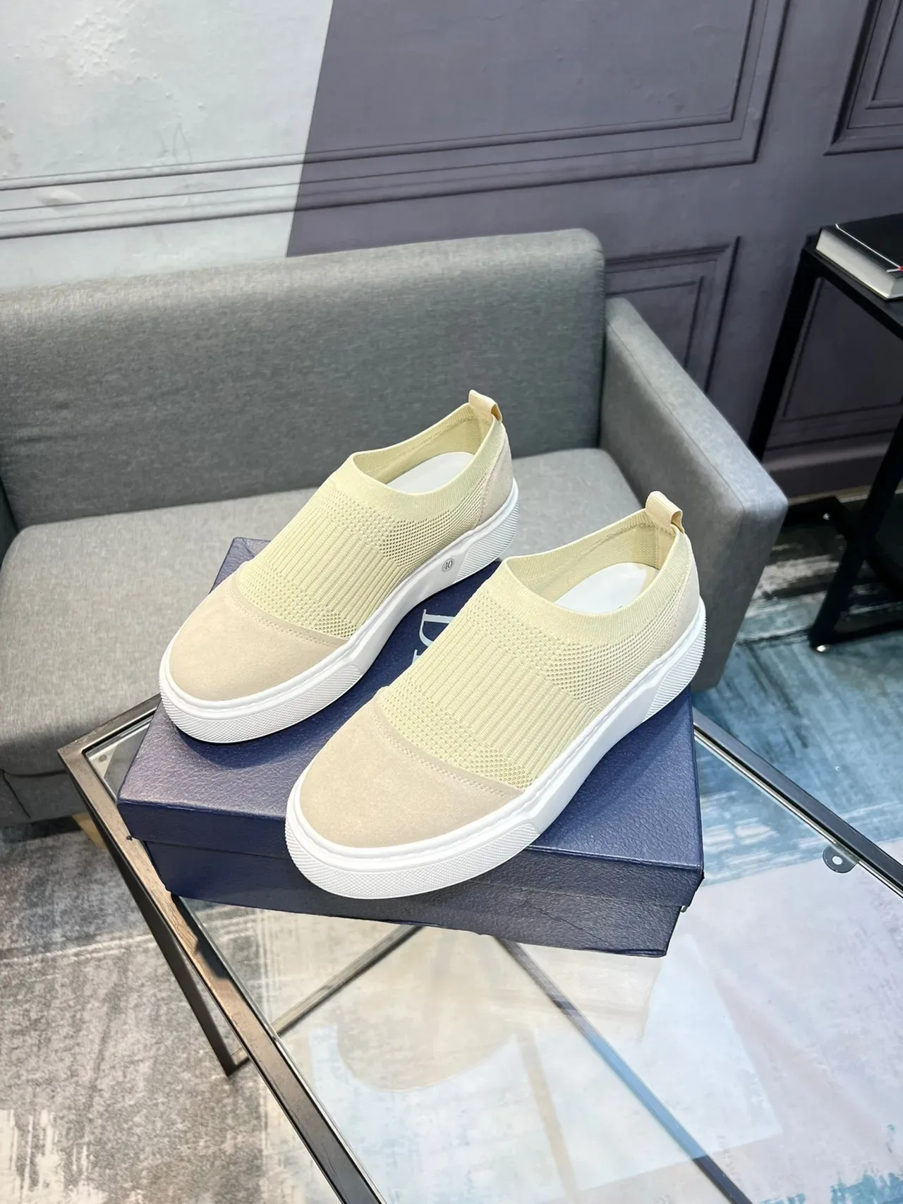 Beige Knit-Suede Slip-On Platform Sneaker 3