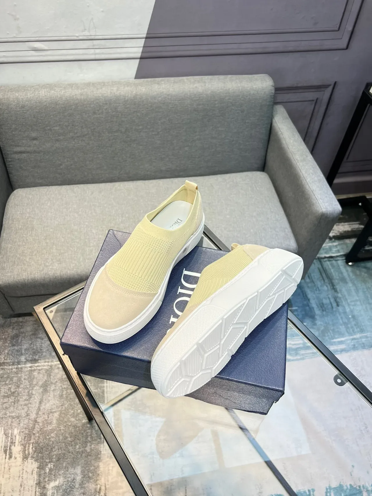 Beige Knit-Suede Slip-On Platform Sneaker 4