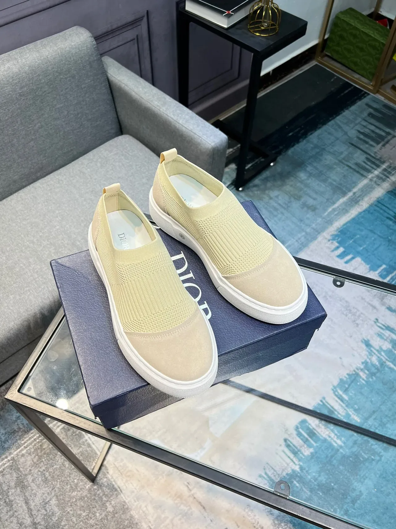 Beige Knit-Suede Slip-On Platform Sneaker 5